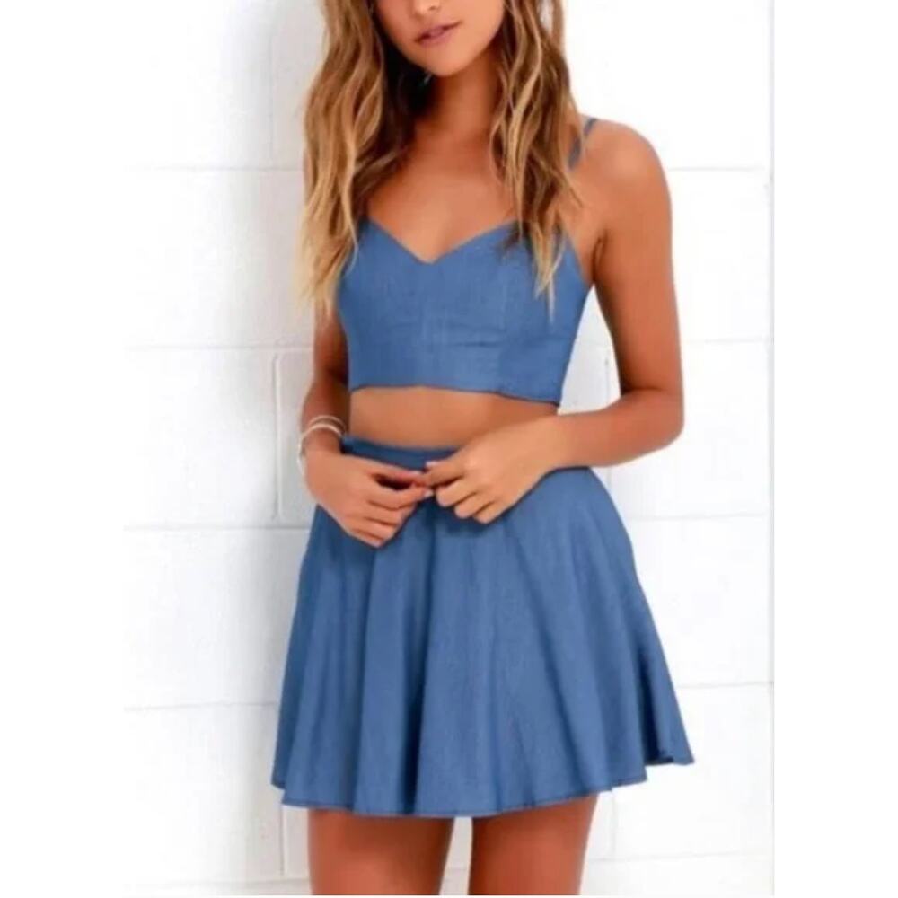 LULUS Accompany Me Blue Chambray Two-Piece Dress Lightweight Cropped Mini XS
